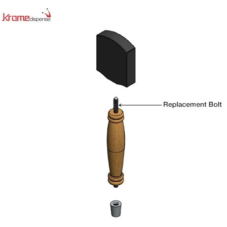 Diagram med Krome Dispense Chrome tappekranhylse i gull - hylse til tappekran, komplett med bolt, med merket erstatningsbolt, trehåndtak, svart endehette og metalldel på linje over og under håndtaket.