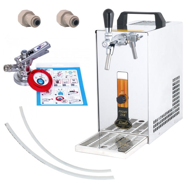 Brewshop Lindr Pygmy Dispensing Kit for KeyKeg & PolyKeg - Startsett inneholder slanger, kobling, koblinger, trykkmåler og instruksjoner - alt ordnet pent på en hvit bakgrunn.