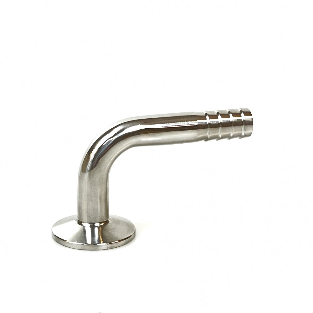Brewshop 34mm Tri-Clamp til 12mm slangenippel albue (90 grader) rørkobling, laget av 304 rustfritt stål med flenset Tri-Clamp base og riflet slangenippel ende, vist mot hvit bakgrunn.
