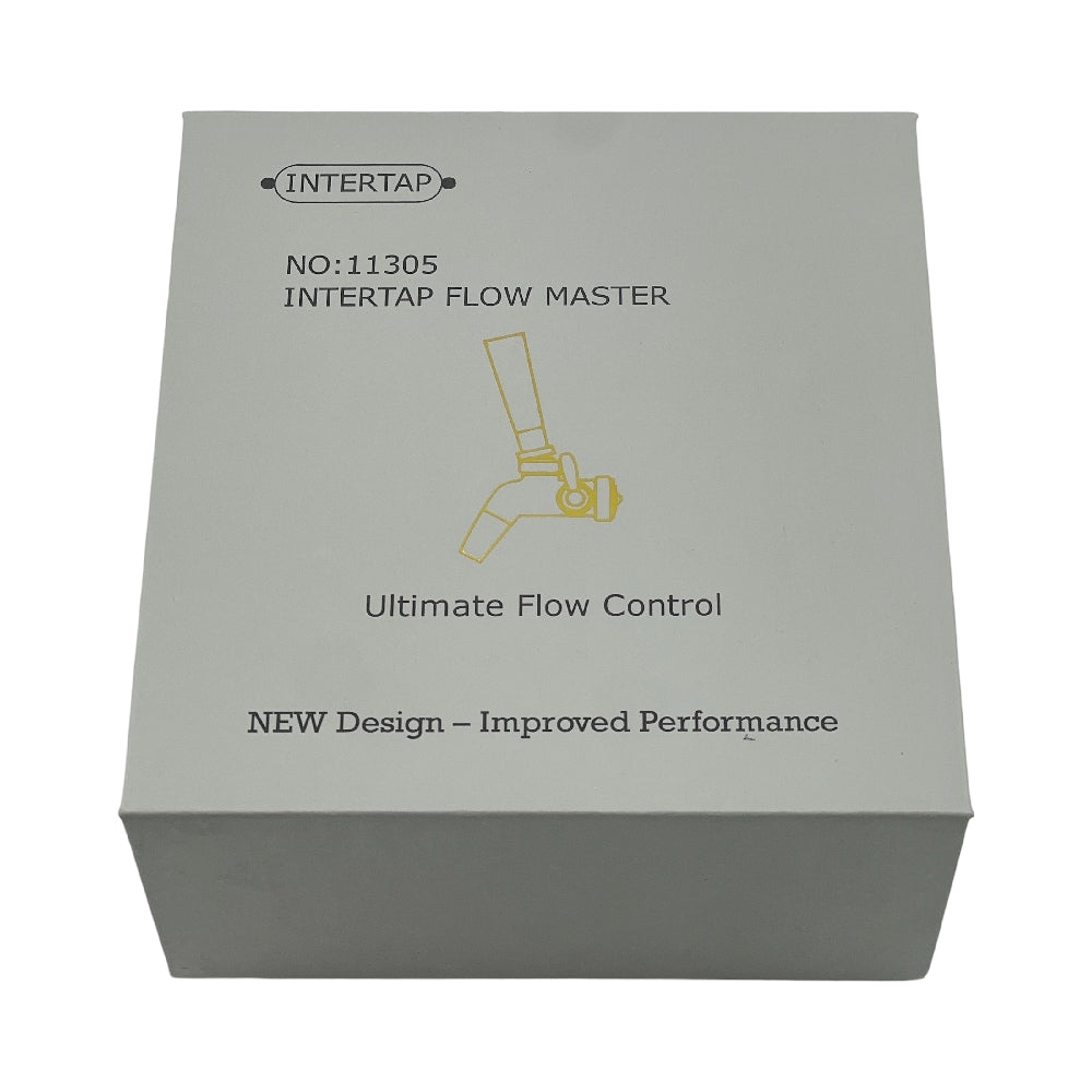 Grå eske merket Keg King Intertap Flow Master - tappekran med flow control, produktnummer 11305, med stregtegning af hanen og teksterne "Ultimate Flow Control" samt "NEW Design - Improved Performance".