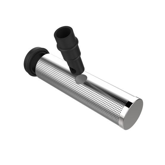 Grainfather pumpefilter fra Grainfather er et sylindrisk metallfilter med små perforeringer og svarte plastkoblinger i hver ende, ideelt som reservedel til Grainfather Connect, vist på hvit bakgrunn.