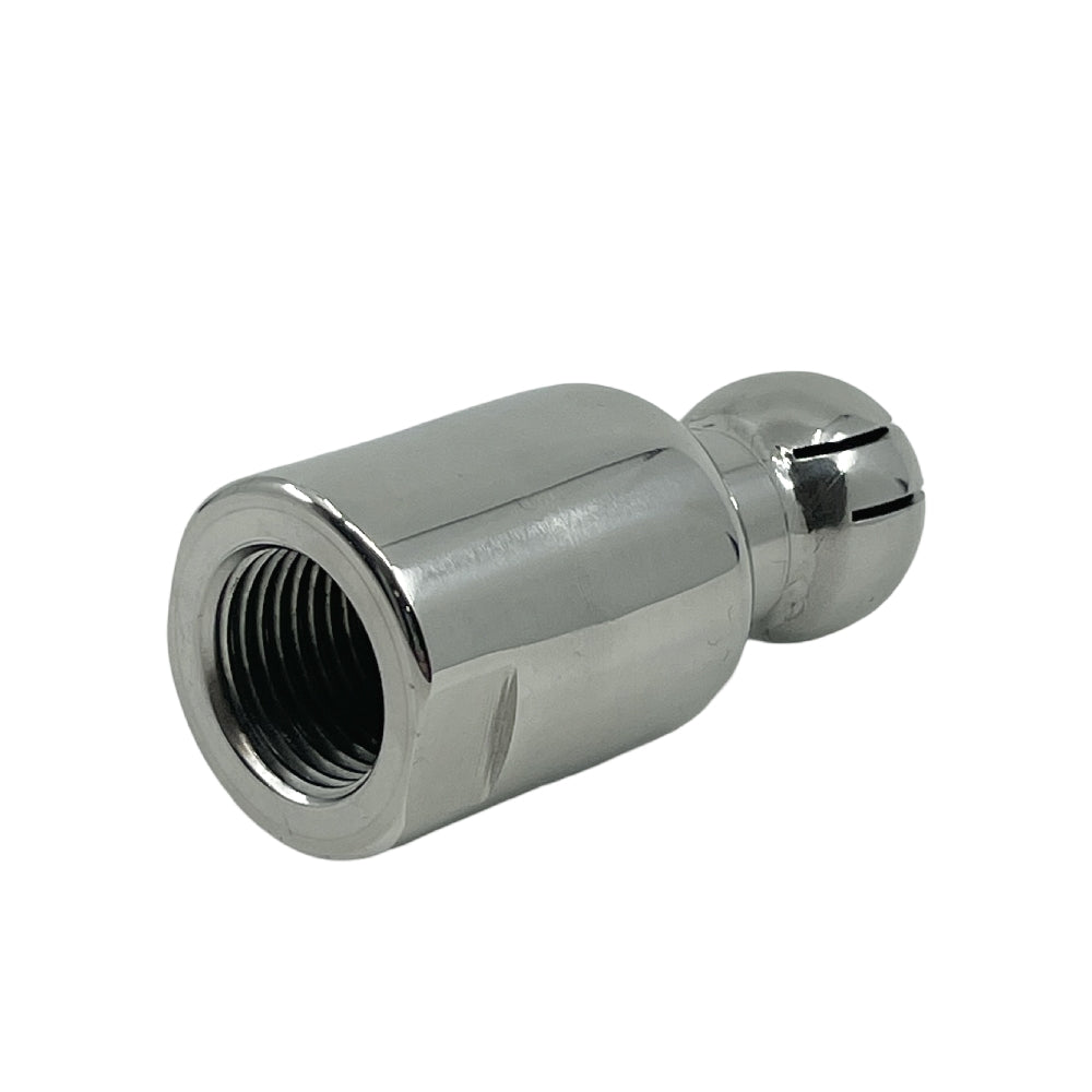 Brewshop CIP vaskeball roterende - 1/2" BSP hunn er en 304 rustfritt stål svivelarmatur med gjenget åpning og kuleledd, vist på hvit bakgrunn.