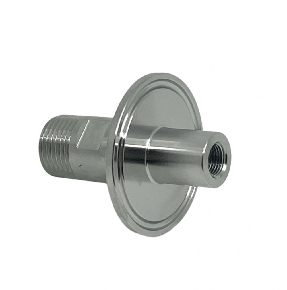 Brewshop 1,5" Tri-Clamp overgang fra 1/2" NPT til 1/8" FPT er en rustfri stålkobling for sikre rør- eller utstyrstilkoblinger, og har en slitesterk design med gjengede ender og rund flens for økt allsidighet.