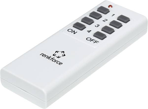 Renkforce 433MHz Fjernstrømbryter 3 stk - Smartplug har en hvit fjernkontroll med åtte grå knapper (1-4, ON, OFF) og en rød indikatorlampe, perfekt for uanstrengt kontroll av plug & play-stikkontaktsystemet ditt.