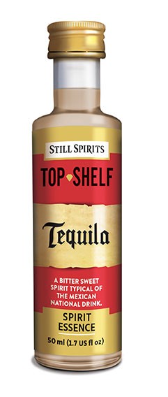 Still Spirits SS Top Shelf Tequila - 50 ml essens er perfekt for å tilsette autentisk tequilasmak til brennevinet ditt, og har en slående etikett i rødt og gull.