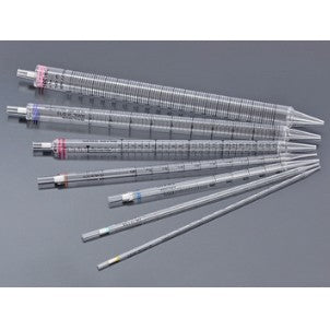 En VWR Steril-pipette 25 ml med volummarkeringer og fargekodede bånd er plassert på en grå flate.