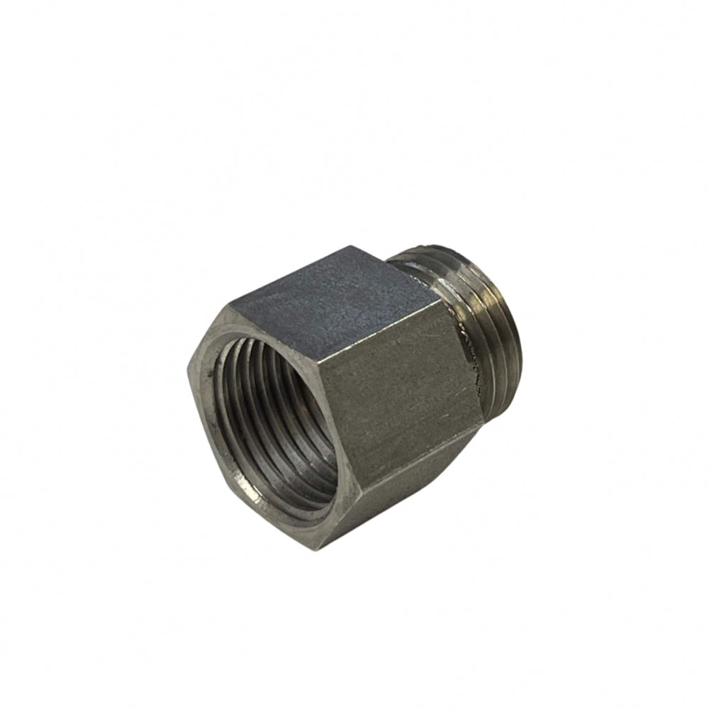 Speidel Adapter for Speidel pumpe G 1/2" (for ny pumpe i eldre Braumeister) er et metallbeslag med innvendige og utvendige gjenger, vist på hvit bakgrunn - perfekt for tilkobling av nye pumper til eldre Braumeister-systemer.