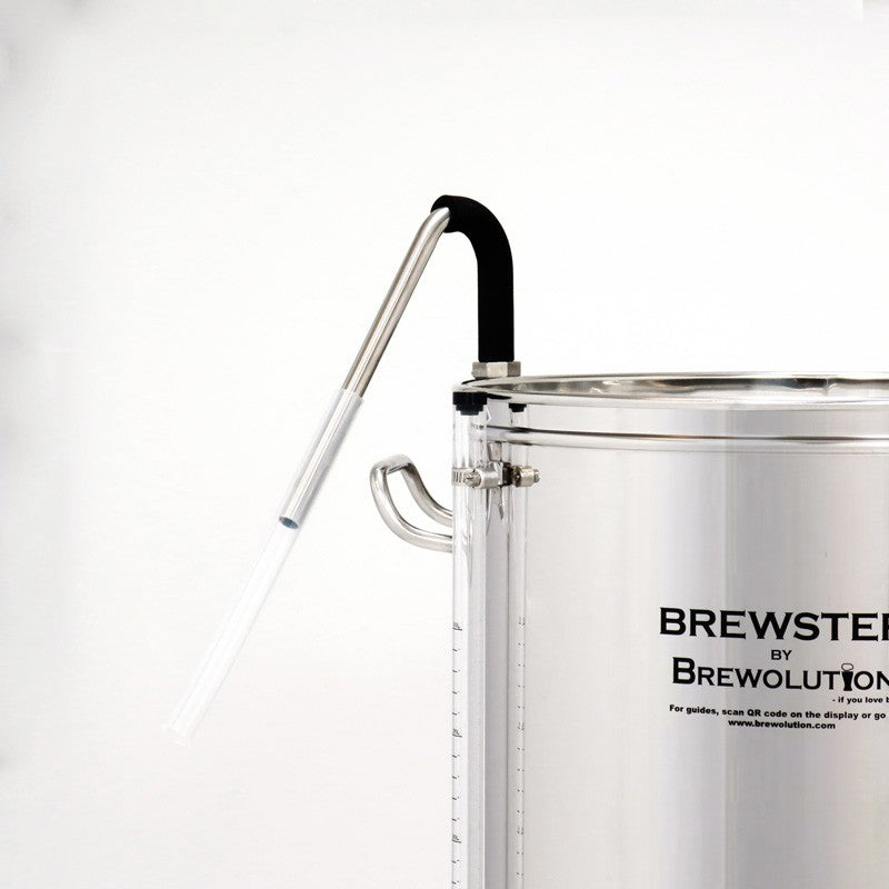Brewster Beacon 40L fra Brewolution er en bryggemaskin i rustfritt stål med temperaturstyring og et gjennomsiktig rør som er festet til et rør i kanten.