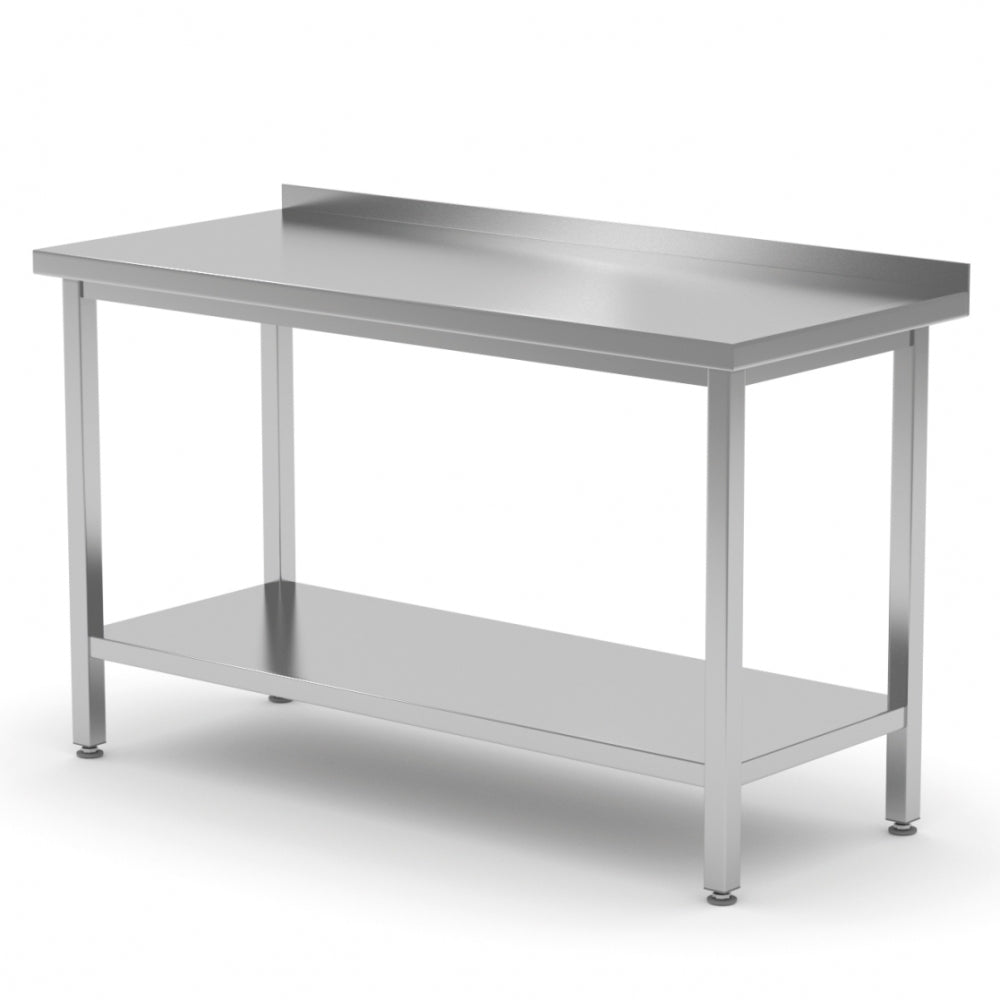 Arbeidsbenk av rustfritt stål fra Hendi (1200 x 600 x 850 mm) med backsplash, fire ben og underhylle, plassert mot en enkel, hvit bakgrunn.