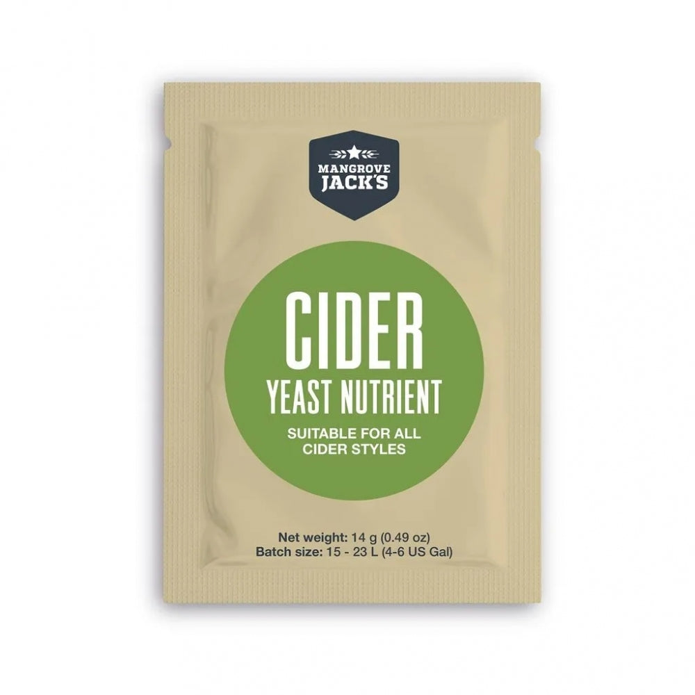 Mangrove Jacks Cider Nutrient 14g - gjærnæring for cider er et allsidig næringsstoff som passer til alle ciderstiler, fra Mangrove Jacks. Nettovekt og informasjon om batchstørrelse vises nederst på den beige pakken.
