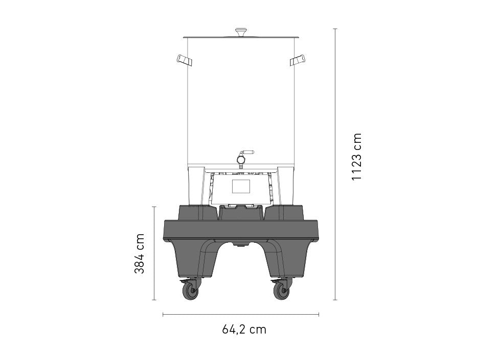 Teknisk tegning av Speidel Base med hjul til Braumeister 50L, som viser målene: 112,3 cm høy, 64,2 cm bred, 38,4 cm høy i bunnen - perfekt for stabil sokkelbrygging eller som en Speidel BM50-base.