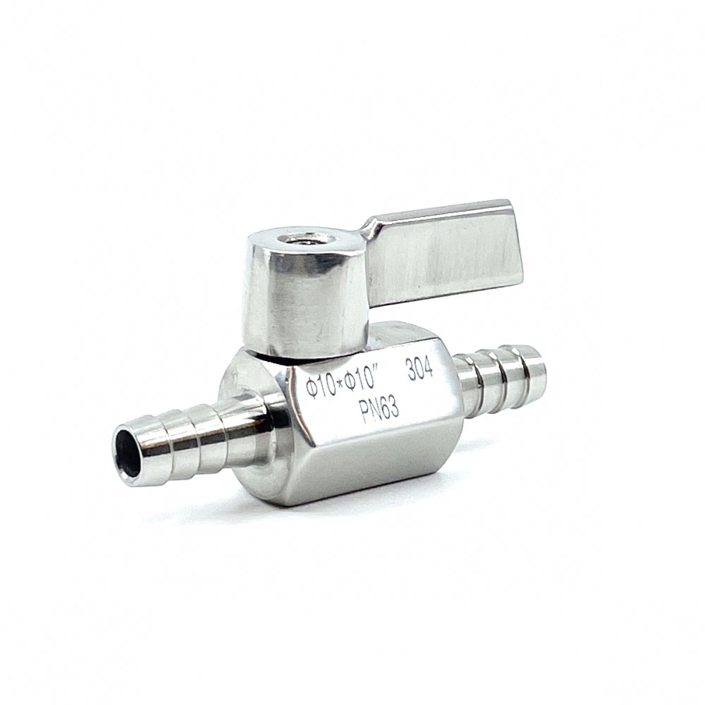 Brewshop Kuleventil med 10mm slangenipler i 304 rustfritt stål, PN63, med hendel og piggfittings.