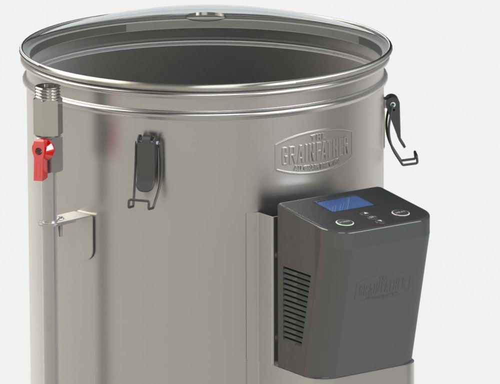 Grainfather G30 Connect Control Box fra Grainfather er et bryggesystem i rustfritt stål med gjennomsiktig lokk, tut, kontrollpanel, automatisert bryggeprosess og Bluetooth-kontroller.
