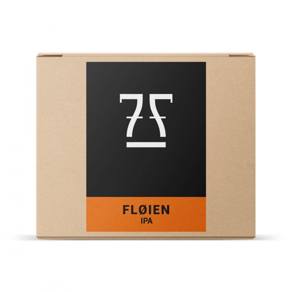 En pappeske med svart og oransje etikett med Brewshops minimalistiske hvite logo og teksten "7 Fjell Fløien IPA - allgrain ølsett" - perfekt for alle hjemmebryggere som er klare for å lage sin egen IPA.