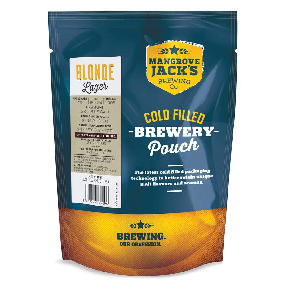 Mangrove Jacks Traditional Series Blonde Lager ekstraktsett - 1,5kg er en kaldfylt pose med flytende maltekstrakt og firmamerke, som tilbyr kvalitetsbrygging og praktisk innpakning.