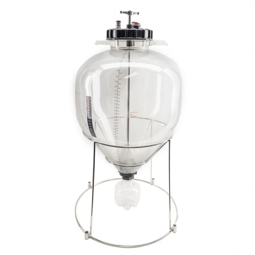Keg King Apollo 30L Unitank er en fermenteringstank i gjennomsiktig plast med målmarkeringer, metallokk, ventil og solid metallstativ - perfekt for presis trykkfermentering.