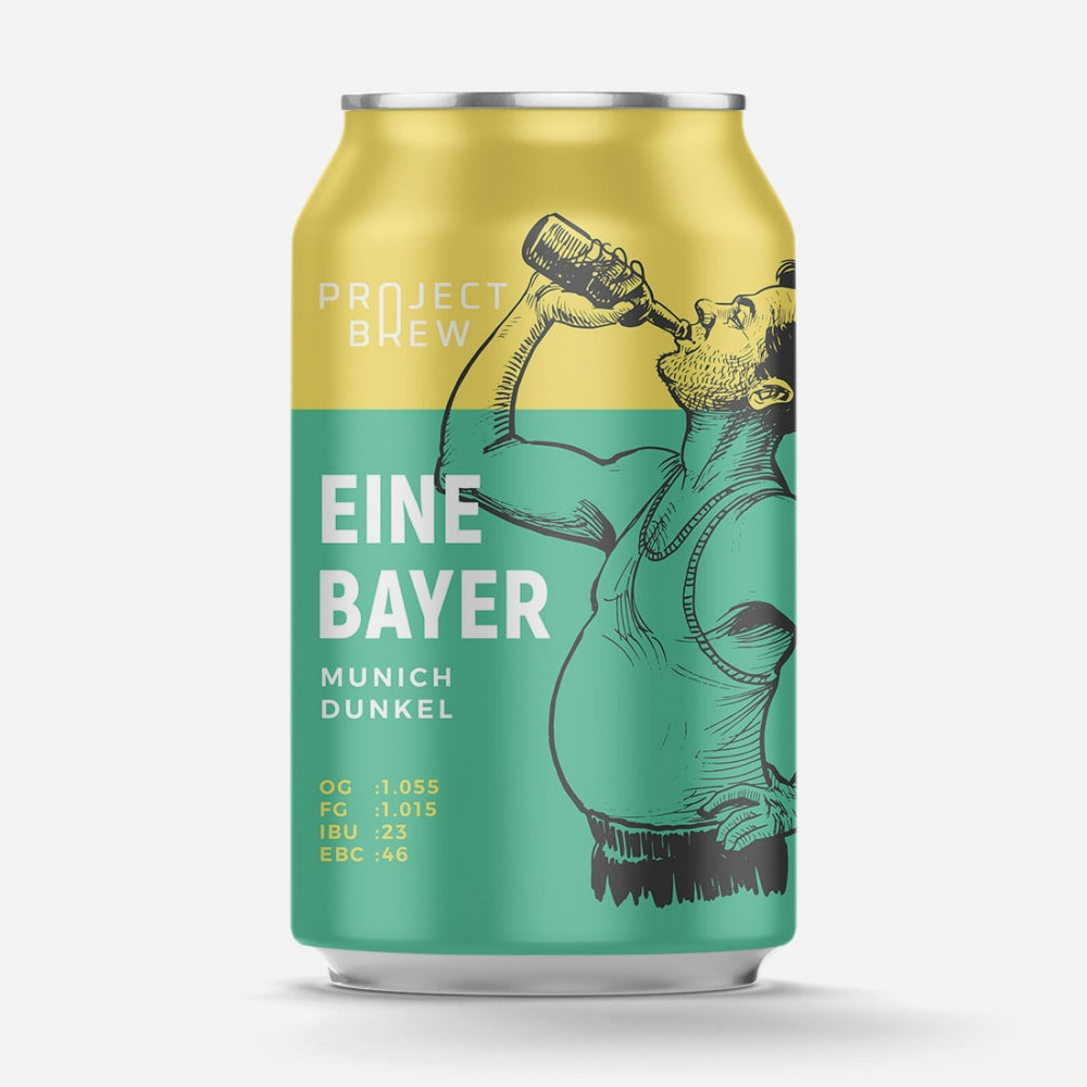 En boks med Project Brew Eine Bayer - Munich Dunkel allgrain ølsett med en illustrert mann som drikker på en gul og grønn etikett - ideell for fans av Bayer ølsett og hjemmebrygging med din egen maltmølle.