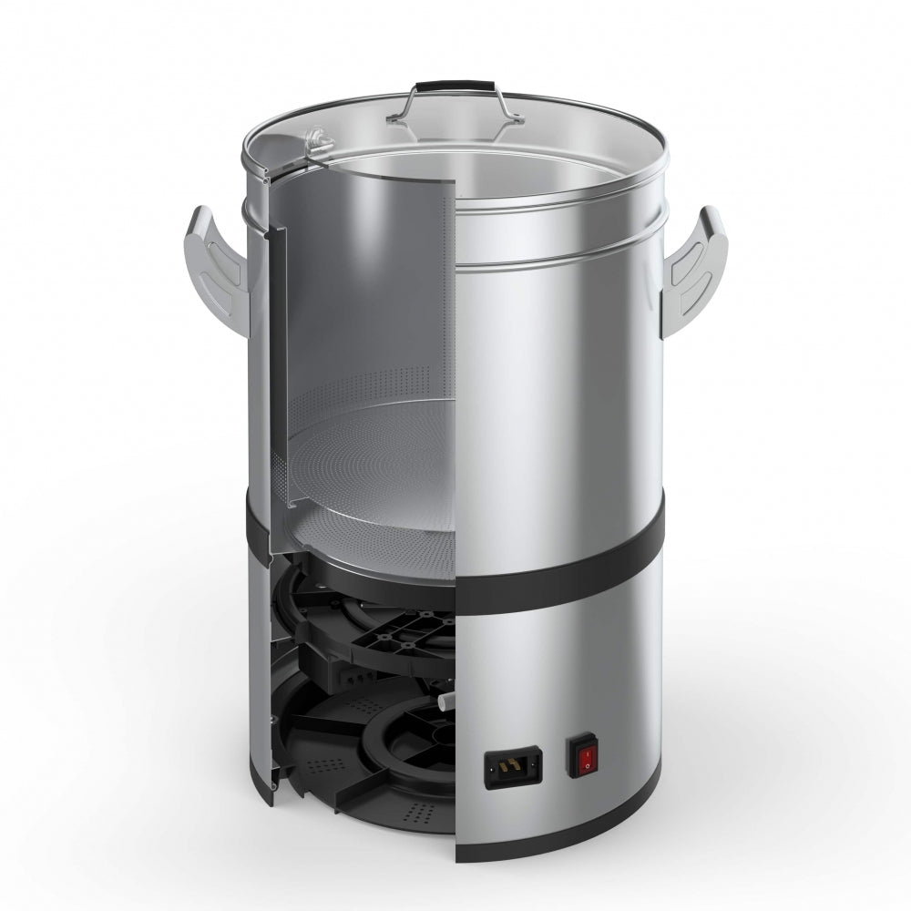 Grainfather G40 - helautomatisk bryggemaskin fra Grainfather vises som en stor, sylinderformet metallmaskin med synlige varmeelementer, strømknapp, sidehåndtak og trådløs WIFI-styring for enkel fjernkontroll.