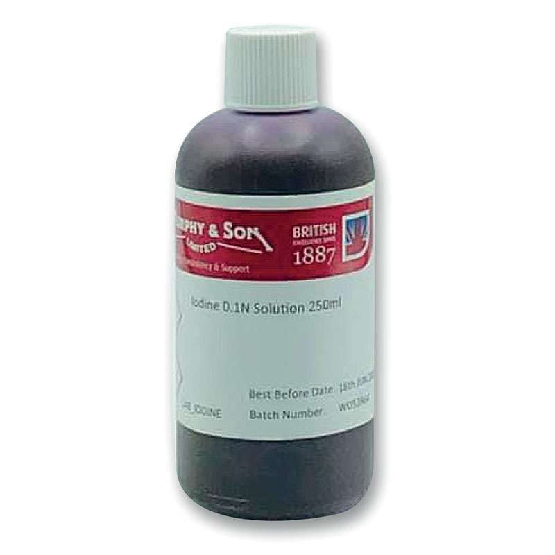 Murphy & Son Jod - Lab Iodine Solution, 250 ml flaske med hvit hette og etikett med produktinformasjon og utløpsdato, er ideell for stivelsetester.