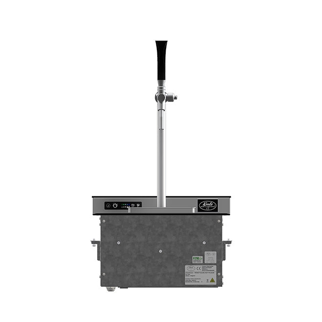 Lindr PYGMY Pro Kitchen fra Lindr er en drikkevaredispenser i kommersiell klasse med et digitalt kontrollpanel, kran og etiketter for øltappesystem på fronten, som vises mot en hvit bakgrunn.