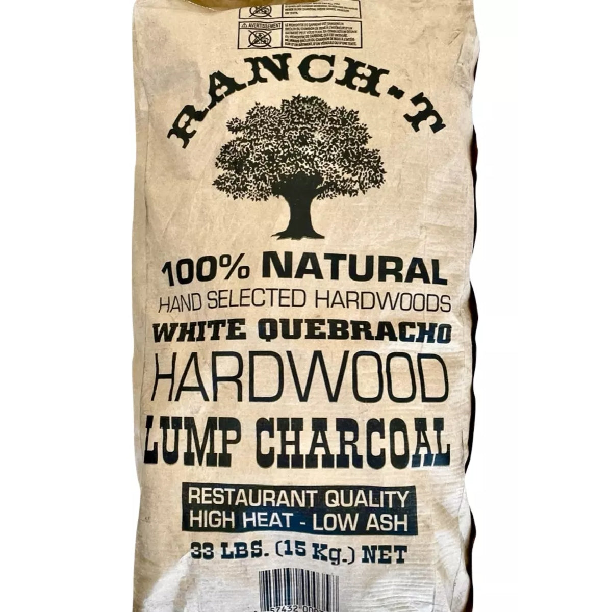 En 15 kg sekk med Ranch-T Grillkull 100 % naturlig Quebracho Blanco trekull av løvtre, med høy varme og lite aske i restaurantkvalitet.