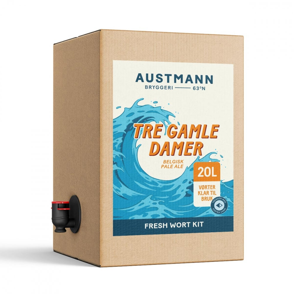 En pappeske merket Austmann Tre Gamle Damer - 20L Fresh Wort Kit, med en tut, inneholder 20 liter Fresh Wort Kit fra merket Austmann.
