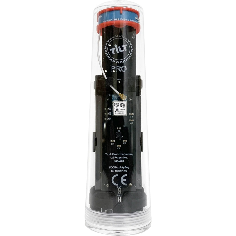 Et svart og blått Tilt Hydrometer Tilt Pro Hydrometer & Termometer i et klart plastetui.