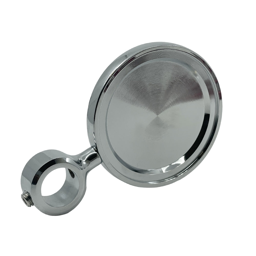 Lindr Round Medal Chrome Plated Emblem Holder er et forkrommet metallspeil med klemme og skruefeste, designet for montering på styr eller stenger.