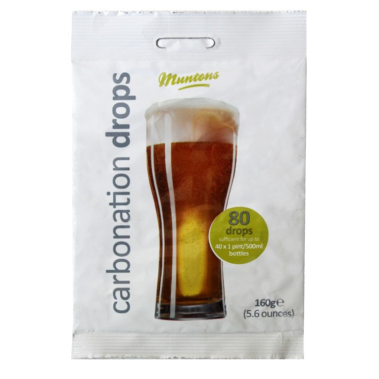 Muntons Karboneringsdråper 160g (80stk) fra Muntons: Hvit pakke med bilde av halvliterglass, inneholder 80 dråper for karbonering av 40 x 1 halvliter/500 ml flasker. Nettovekt: 160 g (5,6 oz).