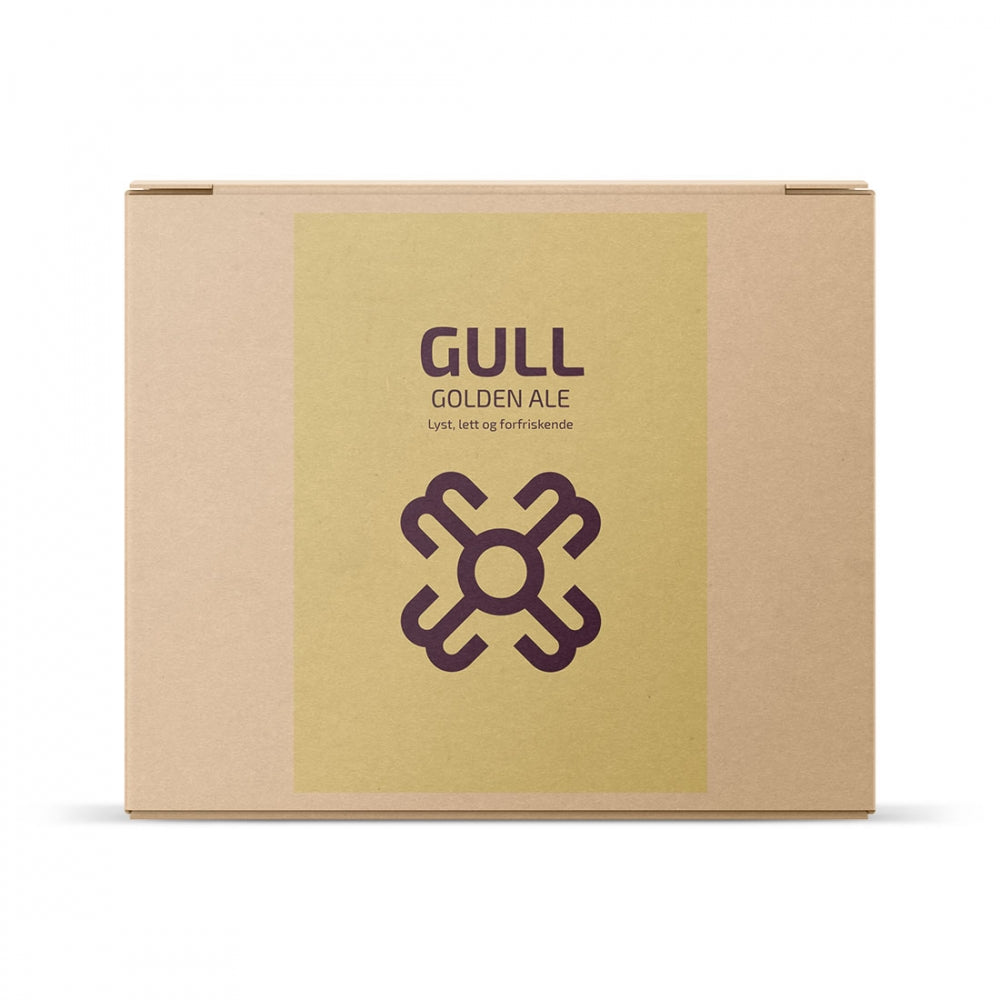 En brun pappeske med en gul etikett med Hogna Brygg Gull - allgrain ølsett by Brewshop og et geometrisk design i mørkebrunt - ideell for hjemmebryggeren som ønsker en allgrain ølsett.