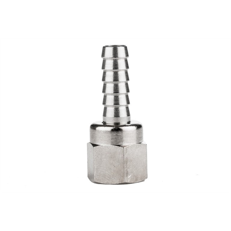 Brewshop Slangenippel 5/16" (8 mm) med mutter (1/4" FFL) er en metallslangekobling med sekskantet base og riflet, konisk kobling for sikker feste av slanger eller slangerør.