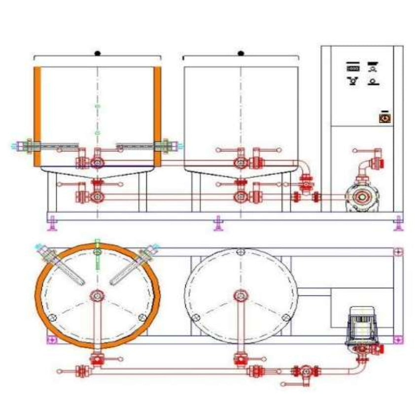 Teknisk diagram av EnoBeer CIP System med 1-3 tanker, inkludert sylindriske tanker, rør, ventiler, styrepanel og motor-vist fra for- og toppperspektiv. Perfekt for brygghus eller rengjøring av bryggeri.
