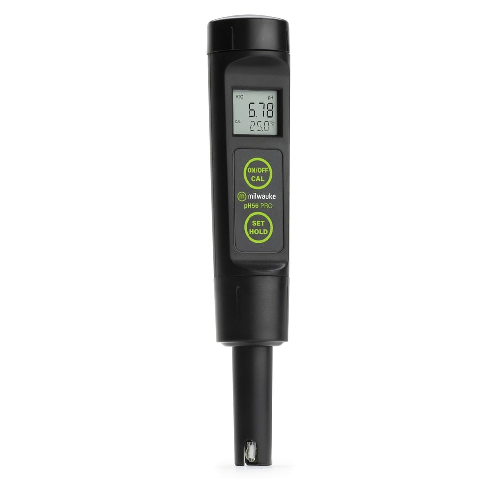 Milwaukee PH56 PRO vanntett pH-meter fra Milwaukee har utskiftbar probe, tydelig display med pH 6,78 og 25,0 °C, samt flere knapper for enkelt bruk og nøyaktige målinger.