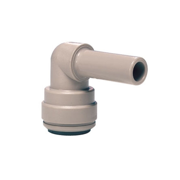 John Guest 5/16" - 5/16" Stem Elbow er en rettvinklet trykk-til-koblingsarmatur i plast med rett dyse og sirkulær base, designet for kompatibilitet med hurtigkoblinger.
