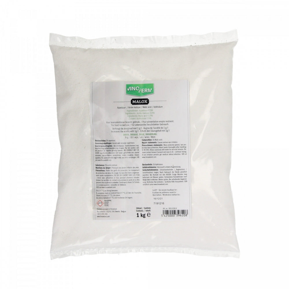 En 1 kg forseglet pose med Vinoferm Malox - Malic Acid (Eplesyre) fra Vinoferm, for regulering av vinens surhetsgrad, leveres med en flerspråklig etikett med instruksjoner og produktinformasjon.