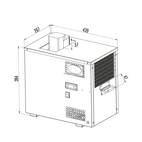 Teknisk tegning i svart-hvitt av Lindr AS-40 Glycol Green Line 0,3 kW glykolkjøler med pumpe fra Lindr, som viser den rektangulære formen med ventilasjonsåpninger, rutenettpaneler og mål angitt i millimeter på tre sider.