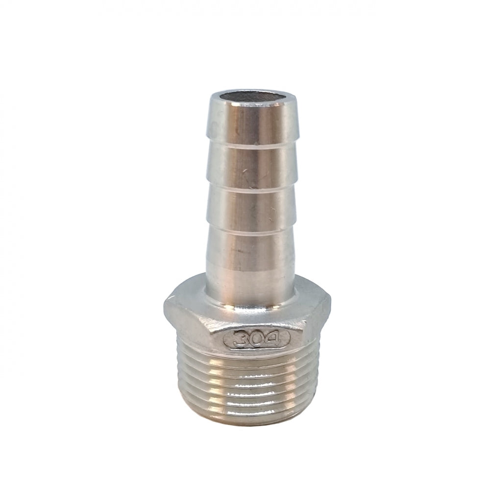 Brewshop Slangenippel 3/4" NPT x 16 mm er en slangenippel i rustfritt stål med utvendige gjenger og pigg i enden, merket 304 rustfritt stål, vist isolert på hvit bakgrunn.