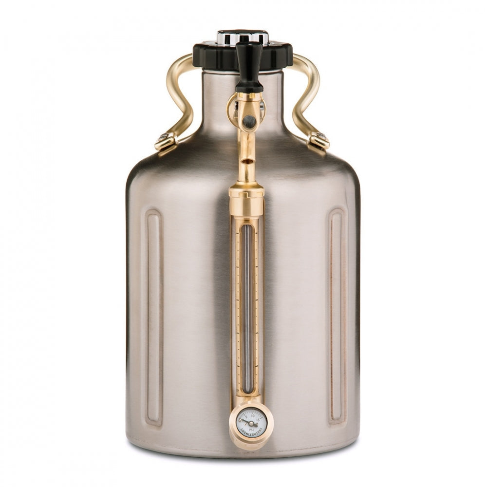 GrowlerWerks uKeg Pro 128 Stainless (3,8L) har vakuumisolert rustfritt stål, messinghåndtak, CO2-regulator med trykkmåler i bunnen og vertikalt inspeksjonsrør foran.
