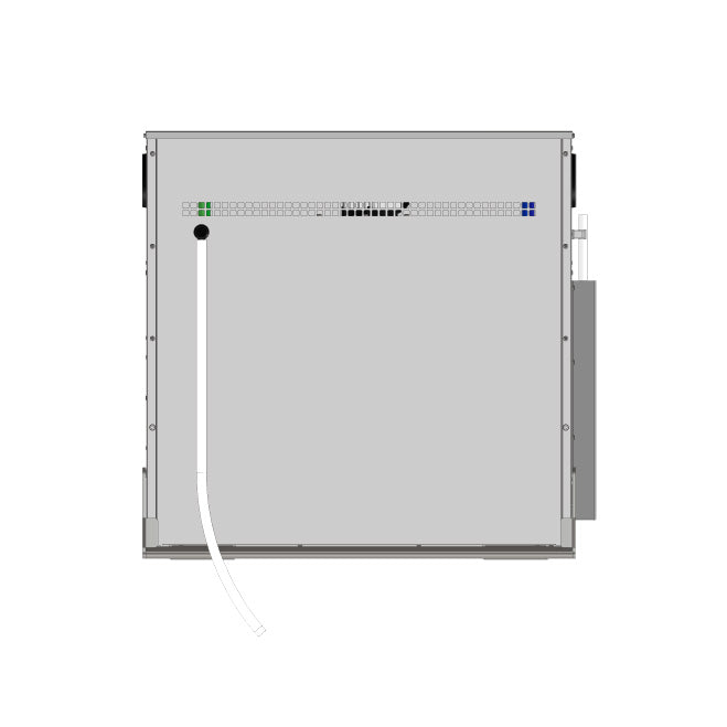 Oversiktsbilde av en grå Lindr AS-450 Ultimate Green Line (Bestillingsvare) elektronisk drikkekjøler med indikatorlamper, porter og en enkel hvit kabel som strekker seg ut fra venstre side.