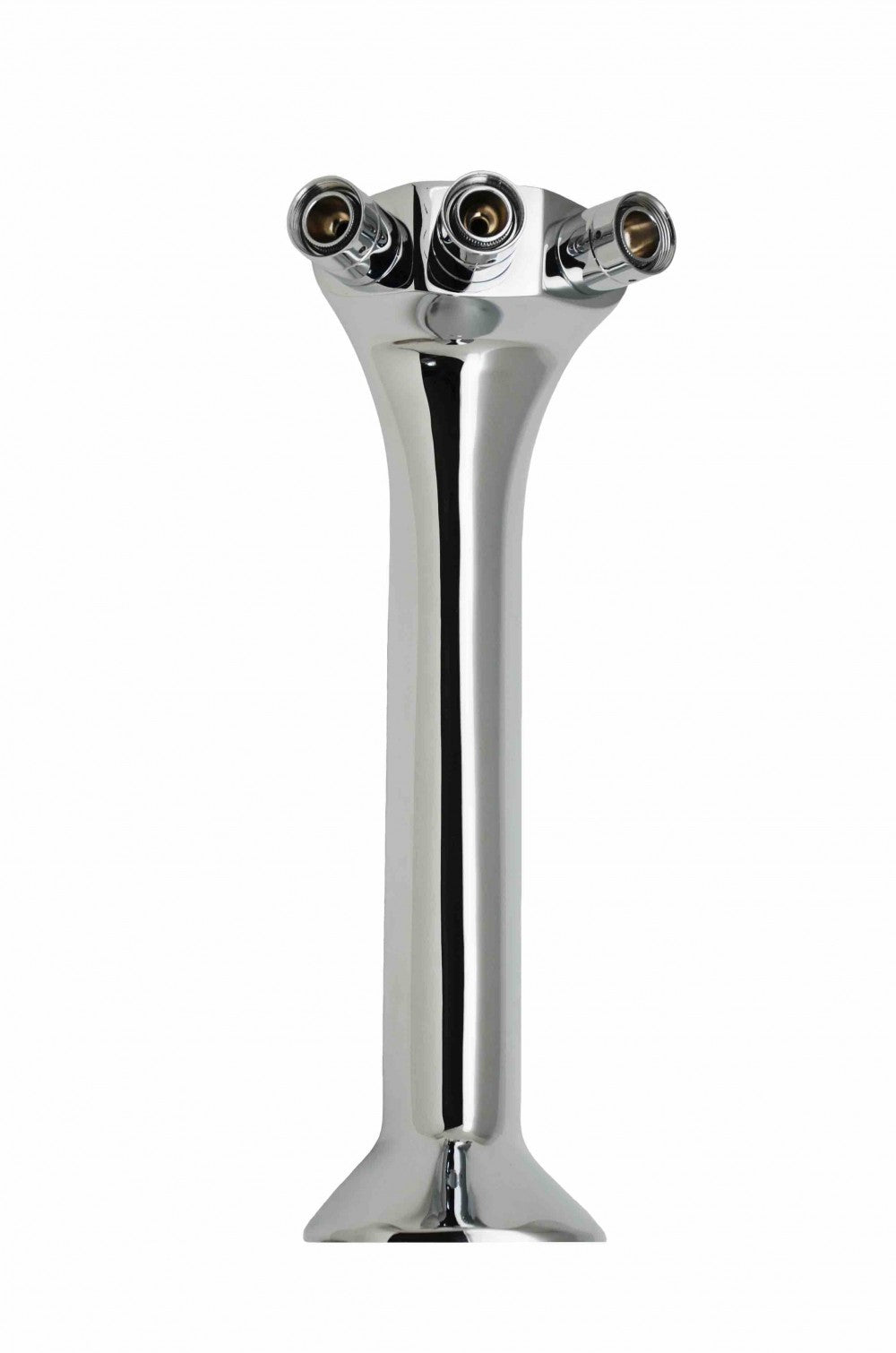 Et skinnende, metallisk Cobra tappetårn for 3 kraner fra Krome Dispense står oppreist på en flat base, med tre like store tappekraner på toppen mot en vanlig hvit bakgrunn.