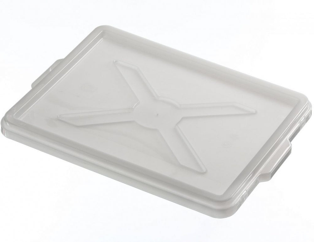 Enolandia "Lokk til kum for ostelaging og pizzadeig" er et hvitt, rektangulært plastlokk med et opphøyd X-formet motiv, vist ovenfra mot en ensfarget bakgrunn.