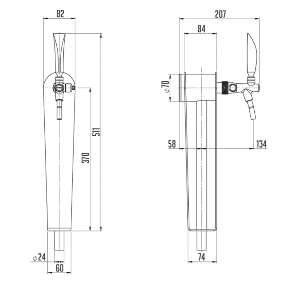 Teknisk tegning av Lindr Naked One Tower - Tappetårn drikkekranhåndtak fra Lindr, som viser forfra og fra siden med millimetermål. Laget av rustfritt stål for varig holdbarhet og et elegant utseende.