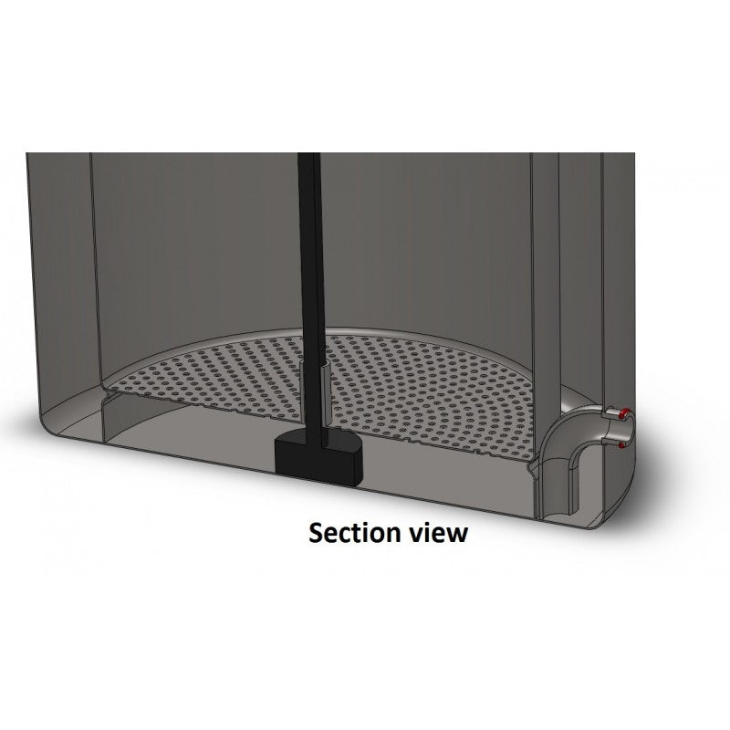 Snittbilde av BacBrewing Dip Tube/Siphon for Speidel Braumeister (50 mm), som viser en perforert plate i bunnen, en vertikal stang i midten med o-ring i FDA-silikon og et sideutløp med rør og ventil.