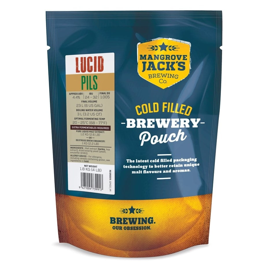 Mangrove Jacks Traditional Series Lucid Pils ekstraktsett - 1,8 kg er en kaldfylt bryggeripose med merkede produktdetaljer, maltekstrakt ølbrygging og bryggeinstruksjoner.