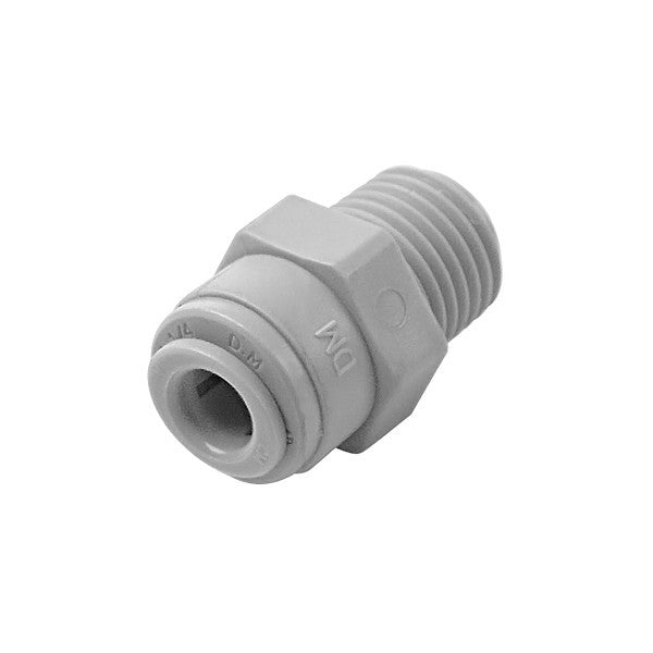 DMfit Straight Adaptor 1/4" OD Tube x 3/8" NPTF-gjenger, en grå push-to-connect-kobling i plast fra Dmfit, er næringsmiddelgodkjent og ISO 9001-sertifisert, vist på hvit bakgrunn.