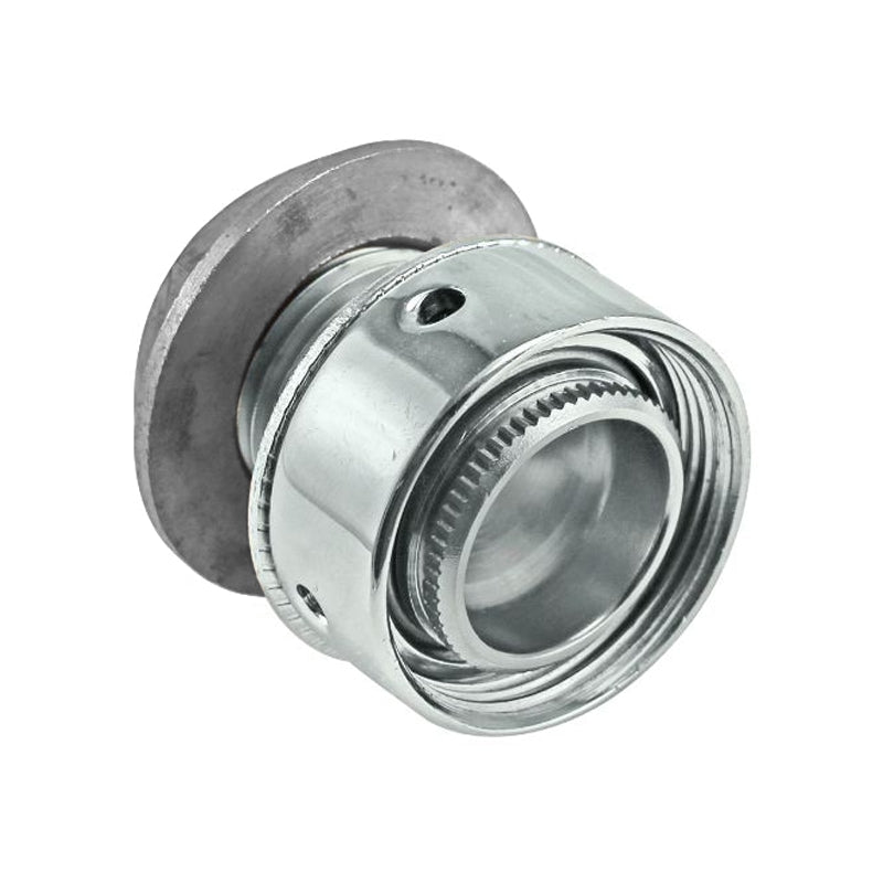 Kort gjennomføring med 5/16" John Guest hurtigkobling fra Krome Dispense-en sylinderformet metallkomponent med flatt feste, perfekt for bruk i industrielle eller dispensersystemer.