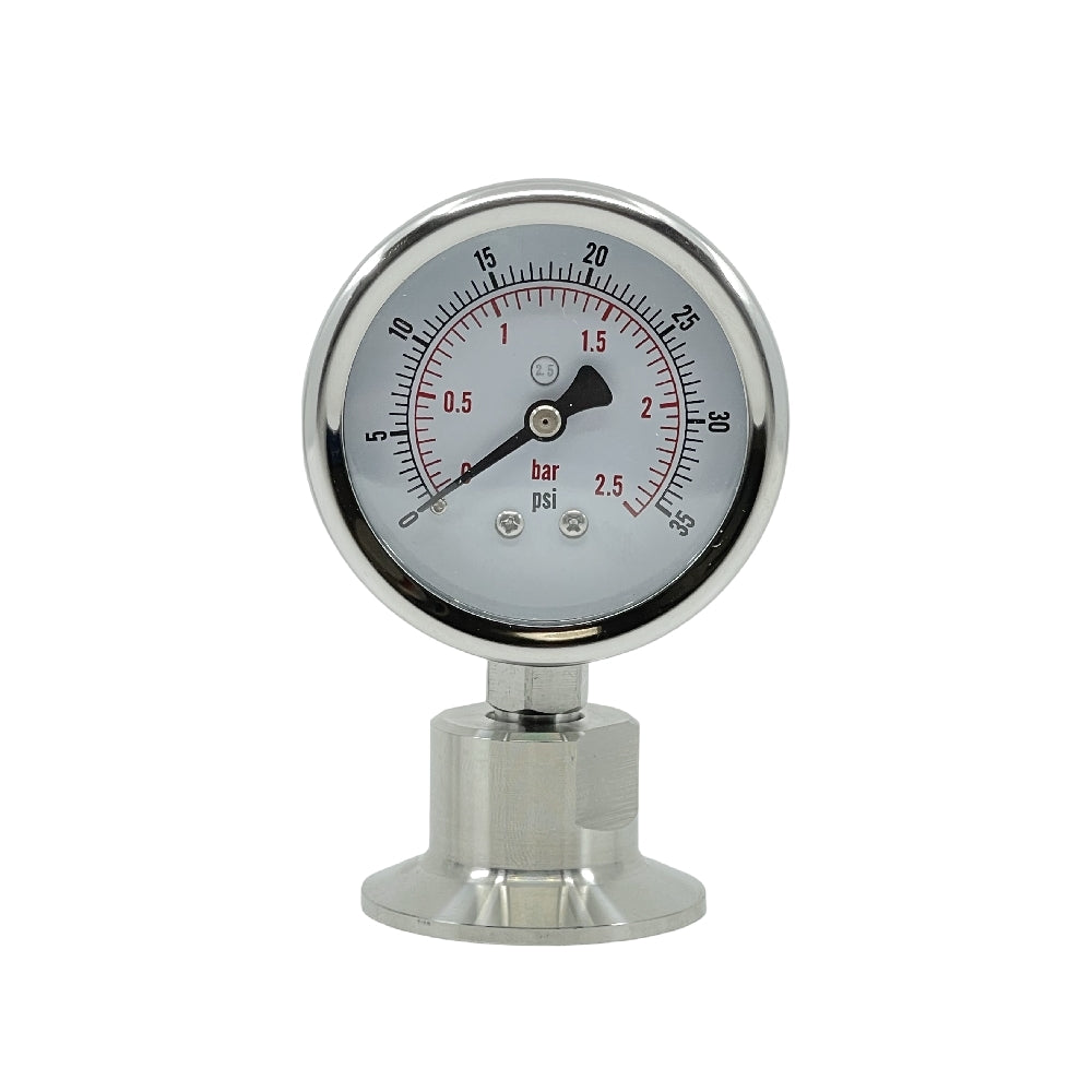 Brewshop 1,5" Tri-Clamp trykkmanometer (0-2,5 bar) har en slitesterk base av rustfritt stål 304 og en hvit urskive som viser bar- og psi-enheter.