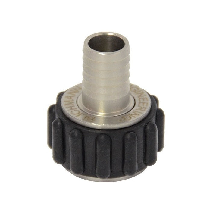 Blichmann QuickConnector - 1/2" nippel, som har en slangestuss av metall med en gjenget, svart plastring, er vist mot en hvit bakgrunn.