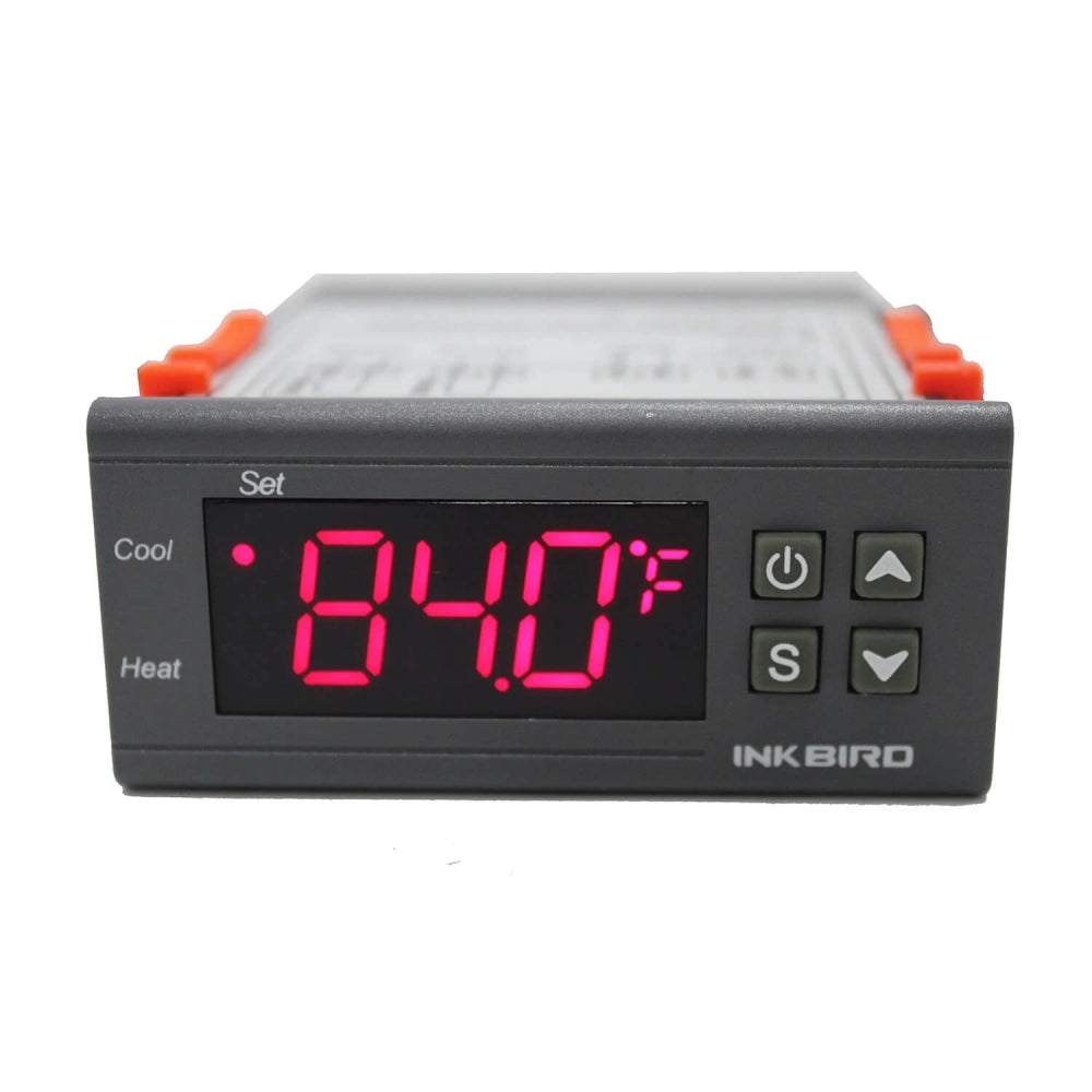 Inkbird ITC-1000 Temperaturkontroller 12V viser 84,0°F og har tydelig merkede knapper for innstillinger, strøm og navigering, med Inkbird-merket på forsiden.