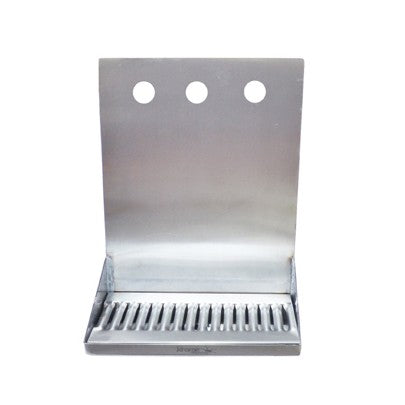 Krome Dispense Shank Mounted Drip Tray for 3 kraner er laget av rustfritt stål 304 med tre monteringshull, et slisset dreneringsbrett og måler 15 cm dypt og 30 cm bredt.